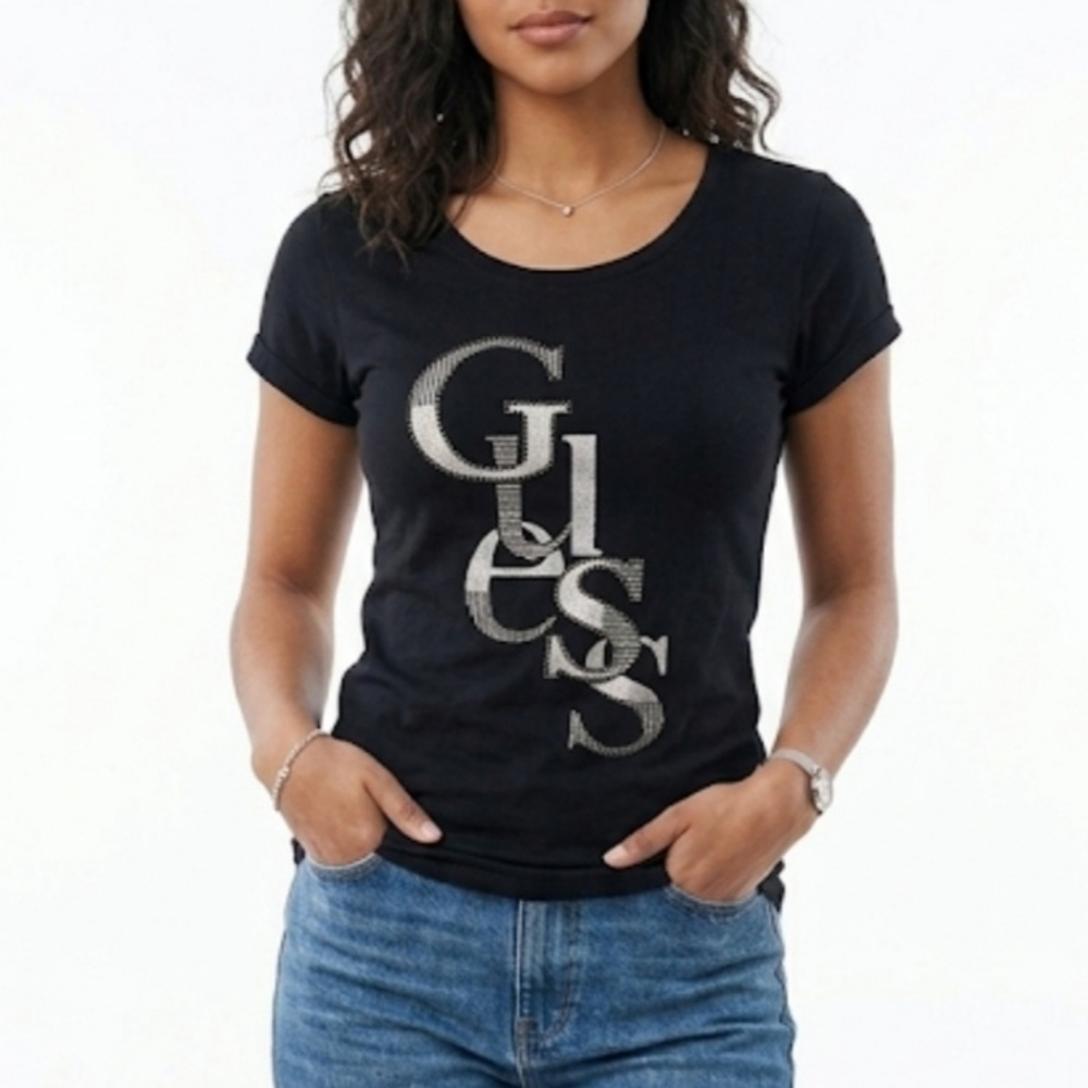Guess Women's Black Tee with White Graphic
